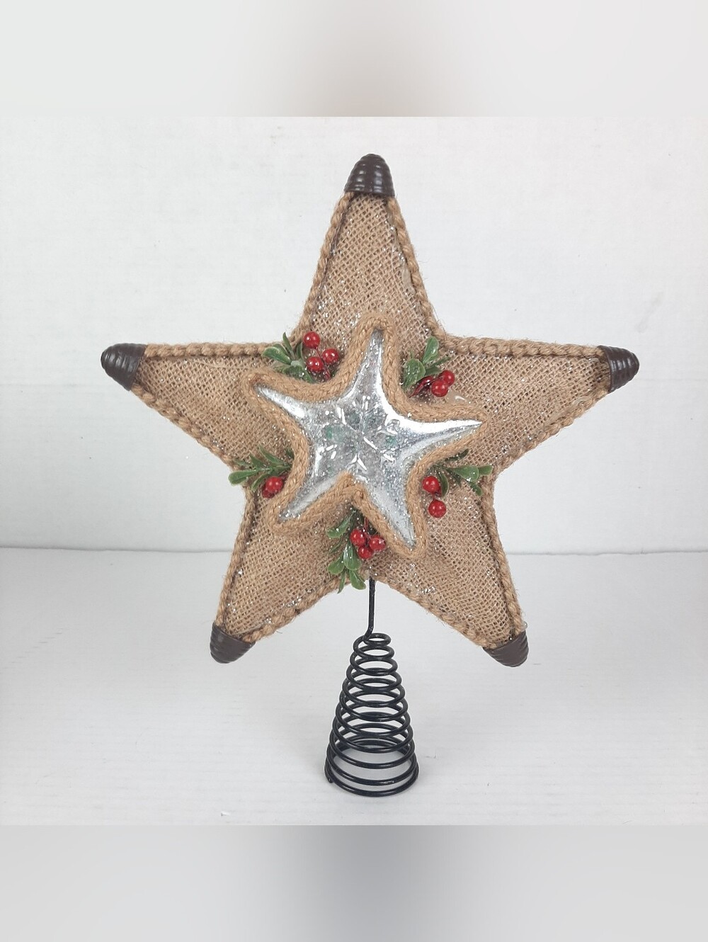 Country Farmhouse burlap star Holiday Time Christmas tree topper